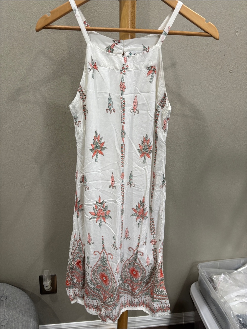 White Midi Dress with Coral & Sage Floral Print